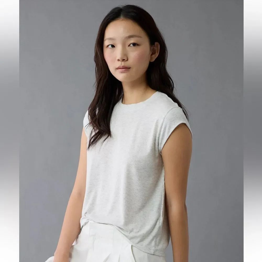 AE XL Light Heather Gray Ribbed Soft Crewneck Cap Short Sleeve Sexy Muscle Tee